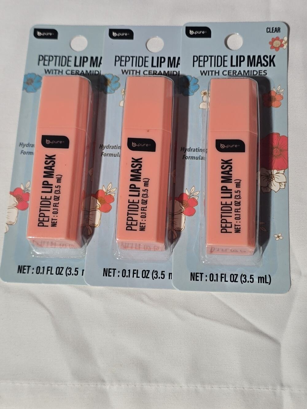 3 Pack B.Pure Peptide Lip Mask with Ceramides Clear Hydrating Formula .1oz Ea B1
